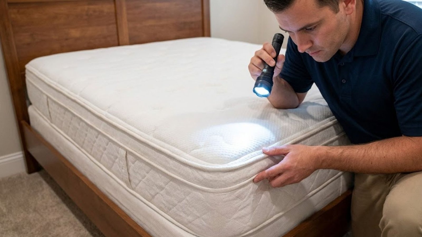 A professional exterminator using a flashlight to closely inspect the seams and edges of a clean white mattress for signs of pests